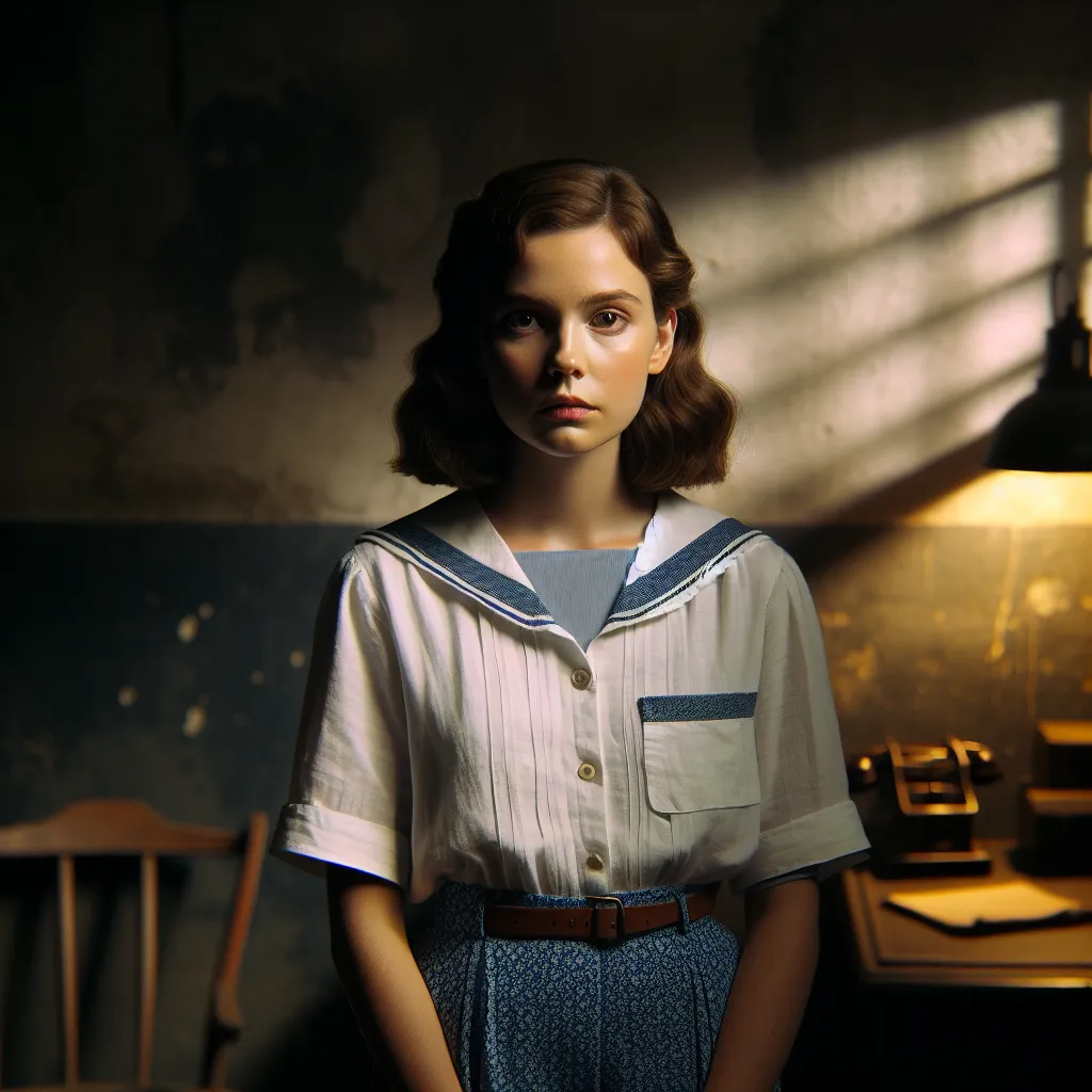 An image featuring a young woman with brown eyes, wearing a white sailor blouse and blue swimsuit bottoms, standing solemnly in a dimly lit room. The setting conveys a sense of mystery and introspection, mirroring the haunting tale of a man trapped in the body of a girl in the biographical story "Soul Swap: The Enchantment of Yoshika Maloney."