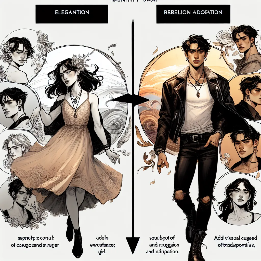 The image will show two contrasting figures: a refined, elegant girl and a rebellious, rugged boy, embodying the swap of identities between Yasuna and Ash in "Metamorphosis: The Tale of Ash in Yasuna's Shoes." Their features reflect the struggle of adapting to their new bodies and lives in this biographical story of identity, swap, and new realities.