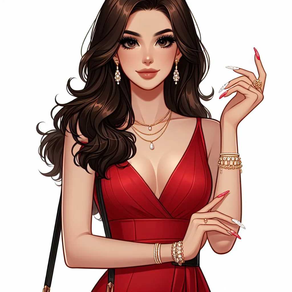 An image of Linda, a confident and stylish woman in an elegant red dress and black platform sandals, ready for a birthday dinner date with her husband. She is accessorized with delicate gold jewelry and has a French manicure and pedicure.