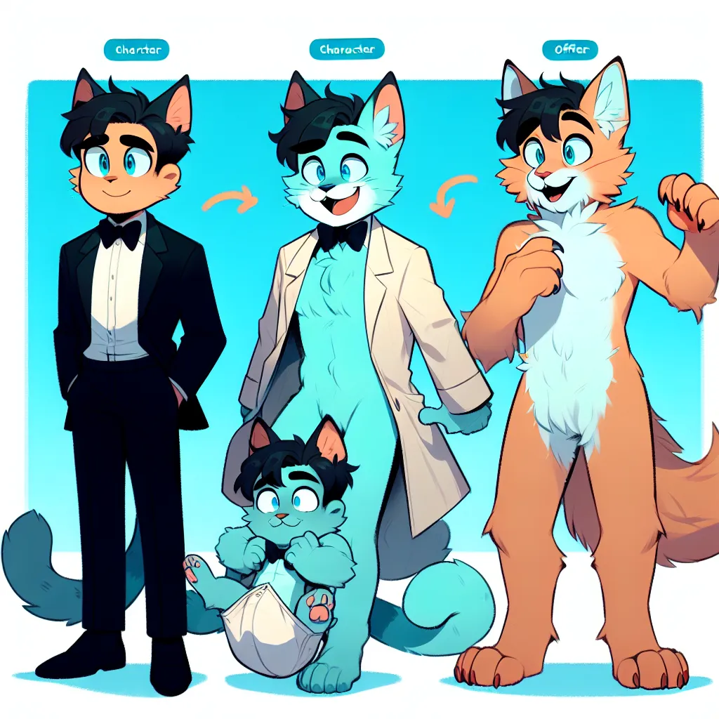 Description: An illustration depicting three characters from the Science Fiction story "Morph Madness: Transfur Tales." The image shows Kai, transformed into a female anthropomorphic tuxedo cat named Kayla, and Kiara, transformed into a female anthropomorphic tuxedo cat with aqua-blue fur. They are joined by their mother, Lora, who is transformed into an anthropomorphic orange cat with a fluffy tail. The family joyfully embraces their new forms, showcasing their unique features and expressions.