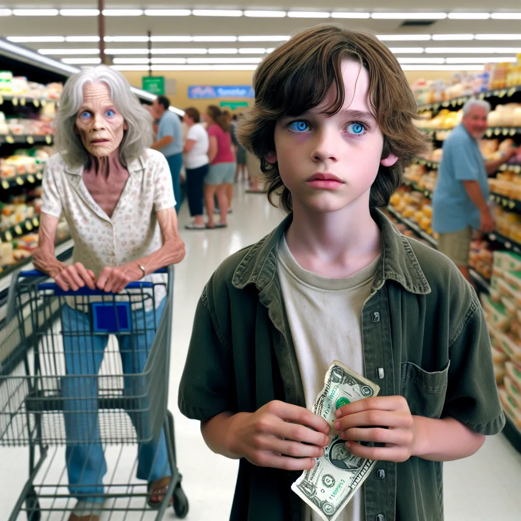 Joshua, a 7-year-old boy with bright blue eyes and shaggy light brown hair, explores a grocery store alone for the first time. Clutching a crumpled five-dollar bill, he navigates the aisles and encounters Dolores, a 48-year-old woman in search of Mont d'Or cheese. In a twist of fate, Joshua's body gradually transforms into Dolores, resulting in a complete identity swap. Now living as Dolores, she embarks on everyday activities, unaware of her previous existence as Joshua. This image could depict