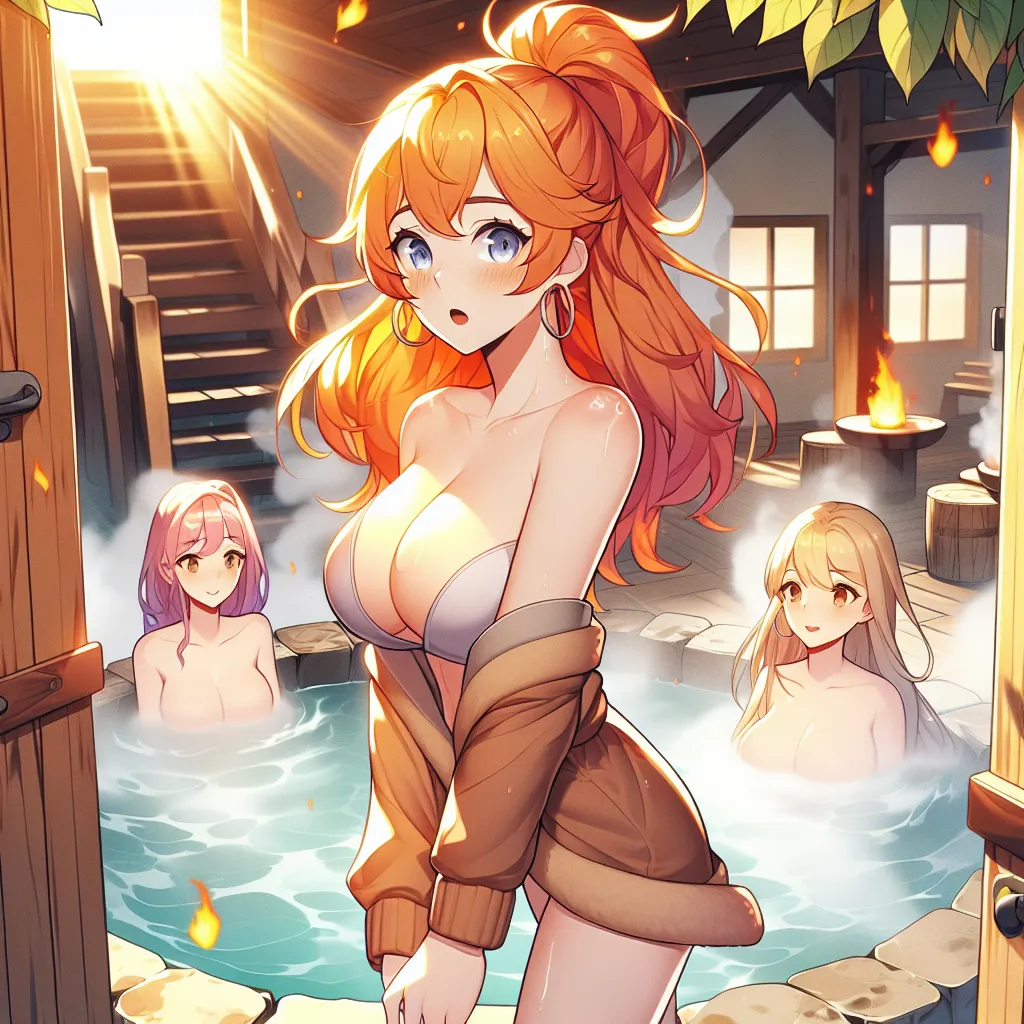 The image that will accompany this story is a depiction of Naruto Uzumaki, now transformed into Neruko Uzumaki, standing at the entrance of the hot springs in Konoha. The sun is shining brightly above, casting a warm glow on her as she hesitates before stepping into the hot springs. Sakura and Ino, already inside and naked, can be seen through the steam, welcoming her with smiles.