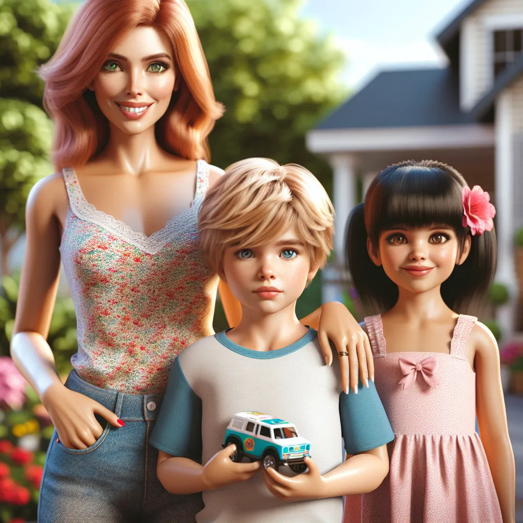 An image of a 5-year-old boy named Danny standing next to his mother, Sarah, and his friend, Emma. Danny has blonde hair, blue eyes, and is holding a small toy car. Sarah has auburn hair, green eyes, and is wearing a floral tank top and denim shorts. Emma has black hair, brown eyes, and is wearing a pink dress. They are standing in front of a house, with trees and flowers in the background.