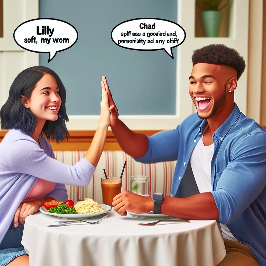 A young couple sits at a restaurant table. The girl's multiple personalities are represented by text bubbles above her head: Lilly, a soft and warm persona, and Chad, a confident and sporty persona. Lilly's body has transformed into Chad's body with an exaggerated grin, emphasizing the change in personality. The atmosphere is light-hearted and humorous as Chad jokes about his new feminine body while attempting a high-five.