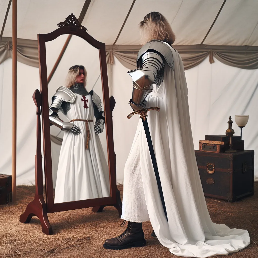 An image of a person dressed as a priestess, wearing delicate, lacy white panties, a short skirt, and a cropped top while also donning armor designed to accentuate their figure. They hold a sword and wear high-heeled boots, standing in a tent with a mirror, admiring their reflection.