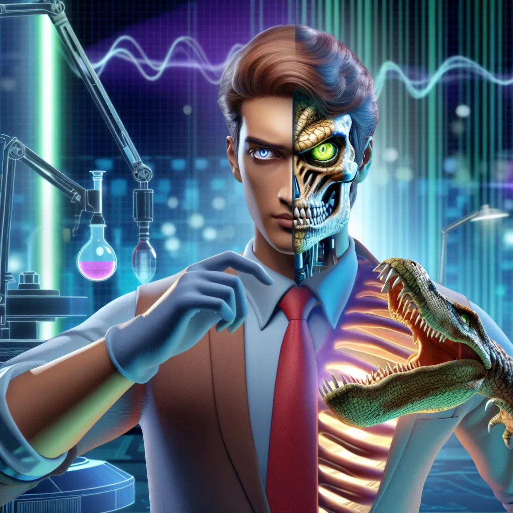 A dynamic image of Eli Walker, the protagonist from "Shadows of the Spinosaurus: The Dino Crew Chronicles," standing in a lab, a bony ridge protruding from his back and eyes gleaming like a crocodile's, capturing the moment of his transformation into a spinosaurus.