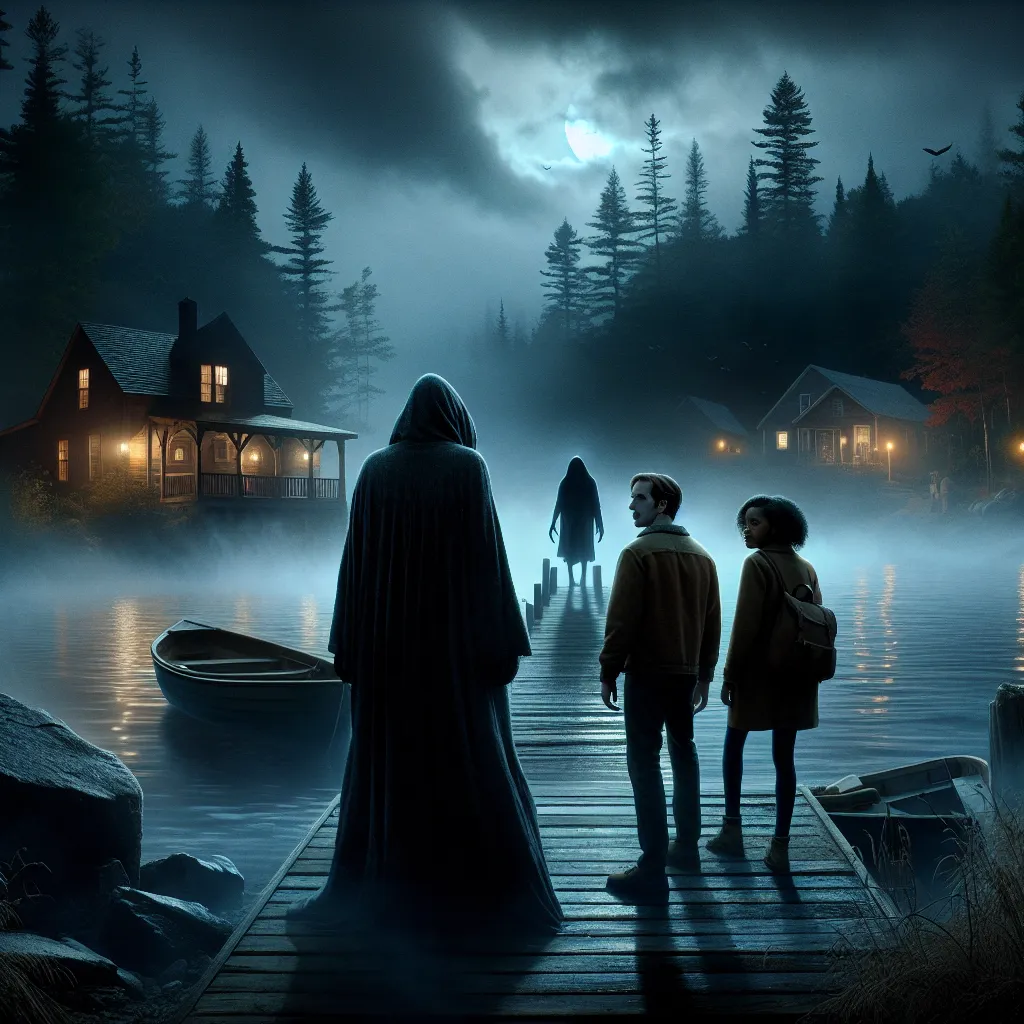 A mysterious figure stands on a mist-covered dock by a lake at midnight, beckoning two individuals forward. The scene unfolds in a small Maine town haunted by a decades-old festival mystery of disappearances. With a sense of foreboding, the characters uncover dark secrets, face ancient sorrows, and ultimately break a curse with courage and light.