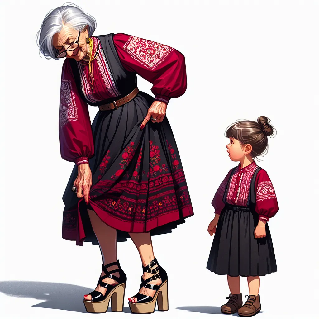 An image of an elderly Slavic woman, wearing a dark red blouse with intricate embroidery, a short black skirt, and platform sandals. She has silver hair styled in short waves and is adjusting her shoe. She is looking down the street and notices five-year-old Timmy, now in her body, standing before her in confusion and distress.