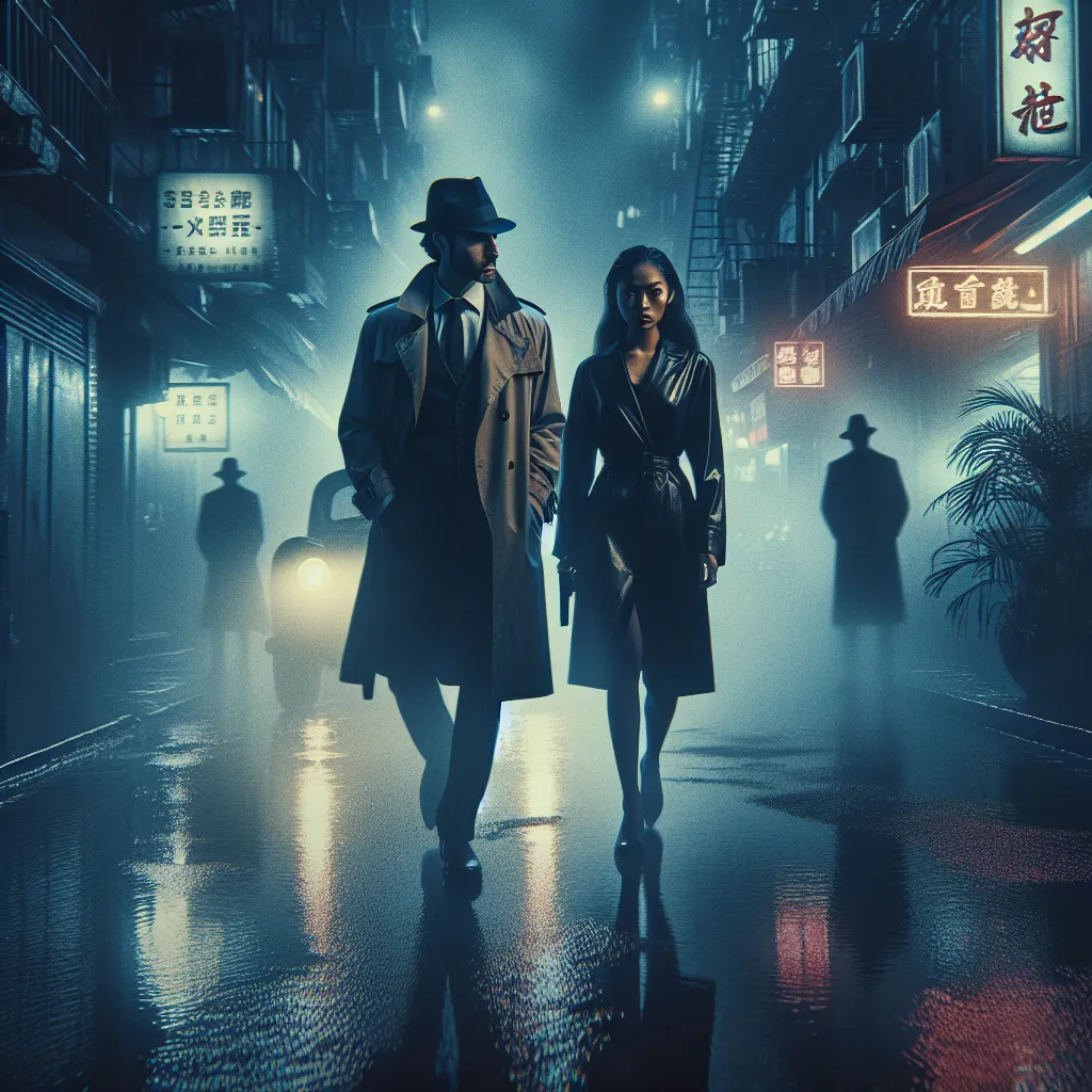 A mysterious scene unfolds in a hidden city as two figures navigate danger and secrecy. The image will capture the tension and intrigue of this tale, featuring the pair on a rain-slicked street, evoking a sense of urgency and shadows lurking at every turn.