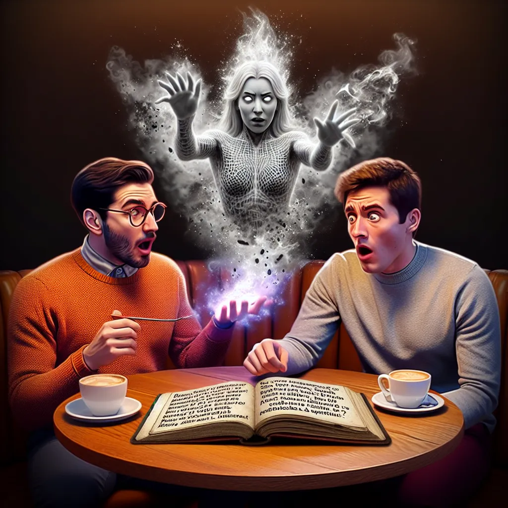 The generated image depicts a humorous scene with two characters sitting at a coffee shop table. One character, a man named John, has an open spellbook in front of him, while the other character, his friend Ryan, wears a shocked and confused expression. The image conveys the idea of a magical mishap, with John having just cast a possession spell that has resulted in Ryan's soul being transferred into the body of a woman named Stephanie.