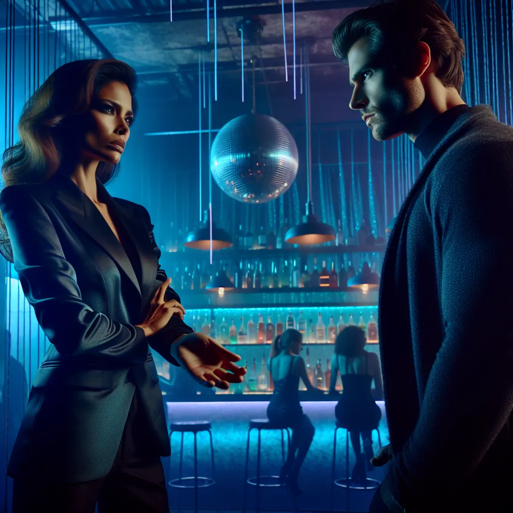 A woman confronts a mysterious man in a dimly lit nightclub, their tense exchange hinting at a reluctant alliance.