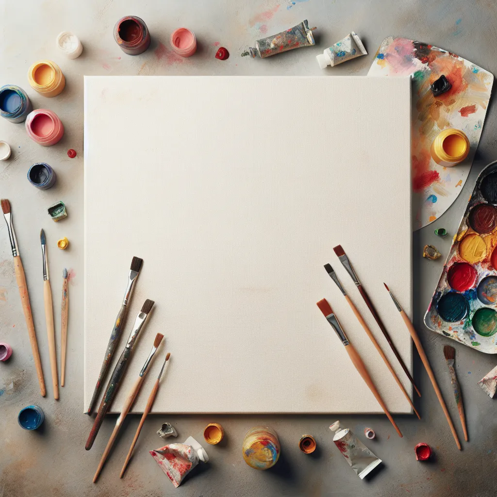 A blank canvas with paint brushes and vibrant paints scattered around, symbolizing creativity and potential for storytelling.