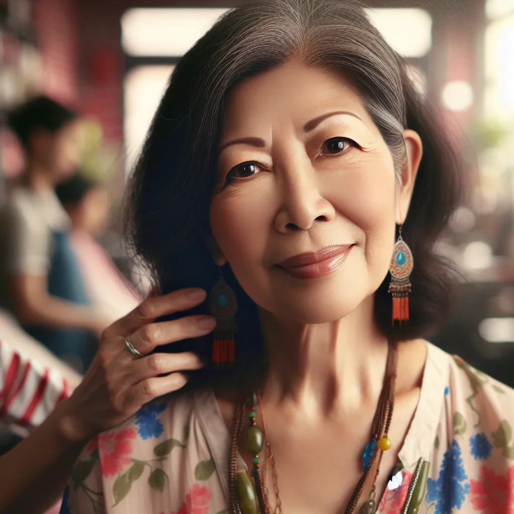 A heartwarming image depicting a middle-aged Korean woman named Mrs. Kim in her hair salon, adorned with her distinct jewelry and wearing a floral blouse. The image captures the essence of love, loss, and the strong bond between mothers, despite the passage of time and the twists of fate.