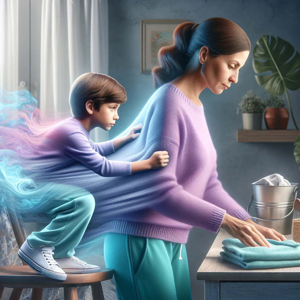 A young boy named Timmy wakes up in his best friend's mom's body, Marsha, spending a surreal night navigating his new adult form in her lavender sweater, turquoise sweatpants, and accessories, seeking a way back to his own self amidst laundry folding and a startling realization at dawn.