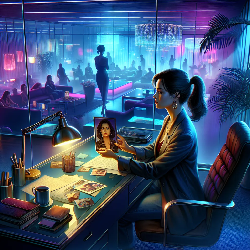 A woman named Maya sits in her nightclub office, haunted by the disappearance of her sister Iris. The scene is filled with the vibrant energy of the club, but Maya's sorrow is palpable as she clings to hope. Shadows and neon lights mingle in the room, echoing the mystery of her sister's absence.