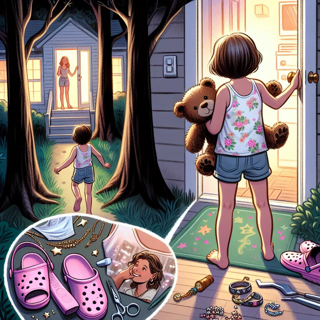 A 7-year-old boy named Tommy McElroy clutches his stuffed bear, Mr. Cuddles, as he walks home alone for the first time. As night approaches, Tommy becomes disoriented and lost, but spots a light in the distance from a house. He musters his courage and approaches the house, where a woman named Patricia Baker stands in the doorway. Patricia wears a white tank top with floral patterns, denim shorts, and pink crocs with stickers. She is adorned with gold and silver jewelry, has brown hair styled in 