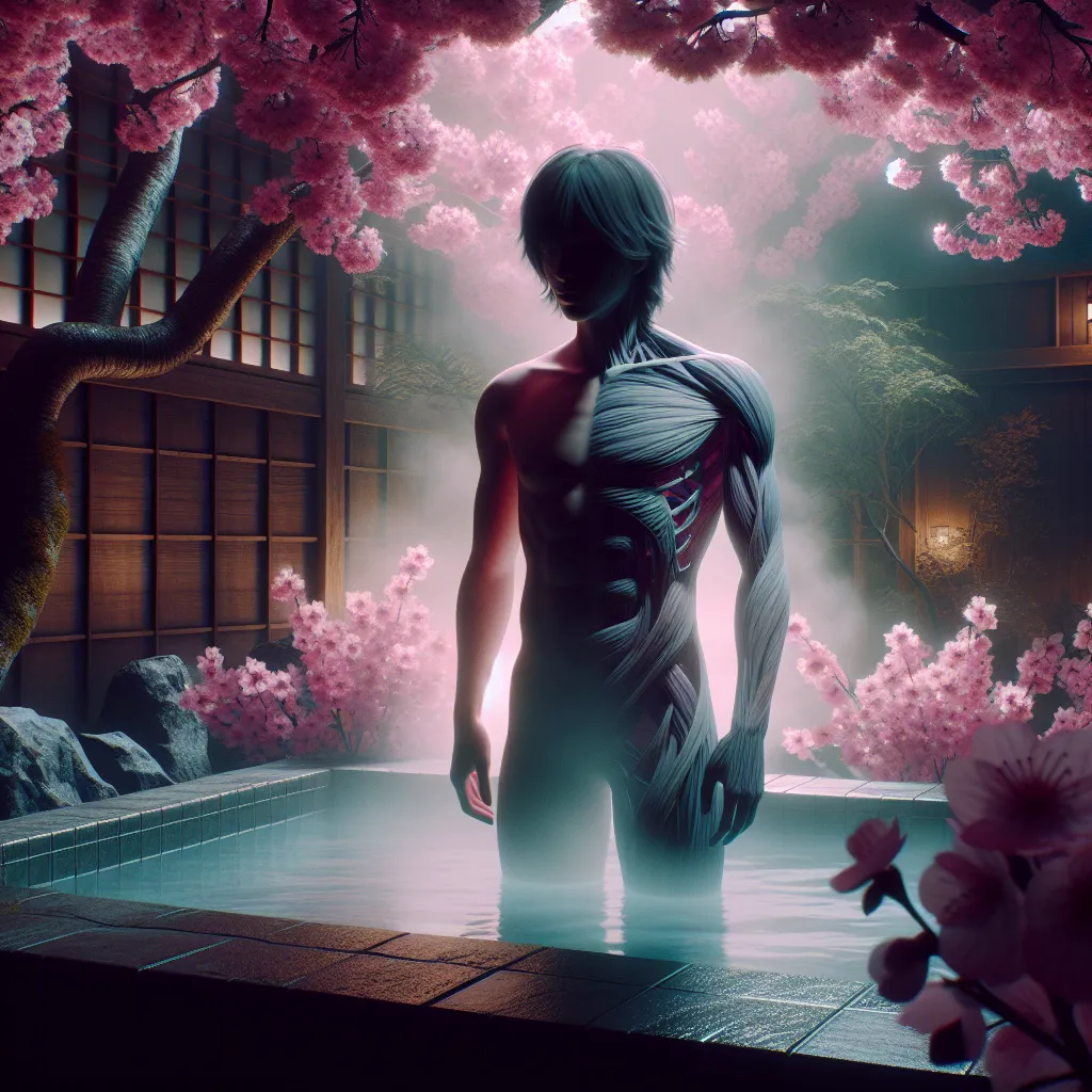 The image accompanying this story will depict a young person standing at the entrance to a hot spring, surrounded by Sakura and Ino. The person is in the process of transforming, with their appearance becoming increasingly feminine. The atmosphere is tense and mysterious, with hints of horror and uncertainty.