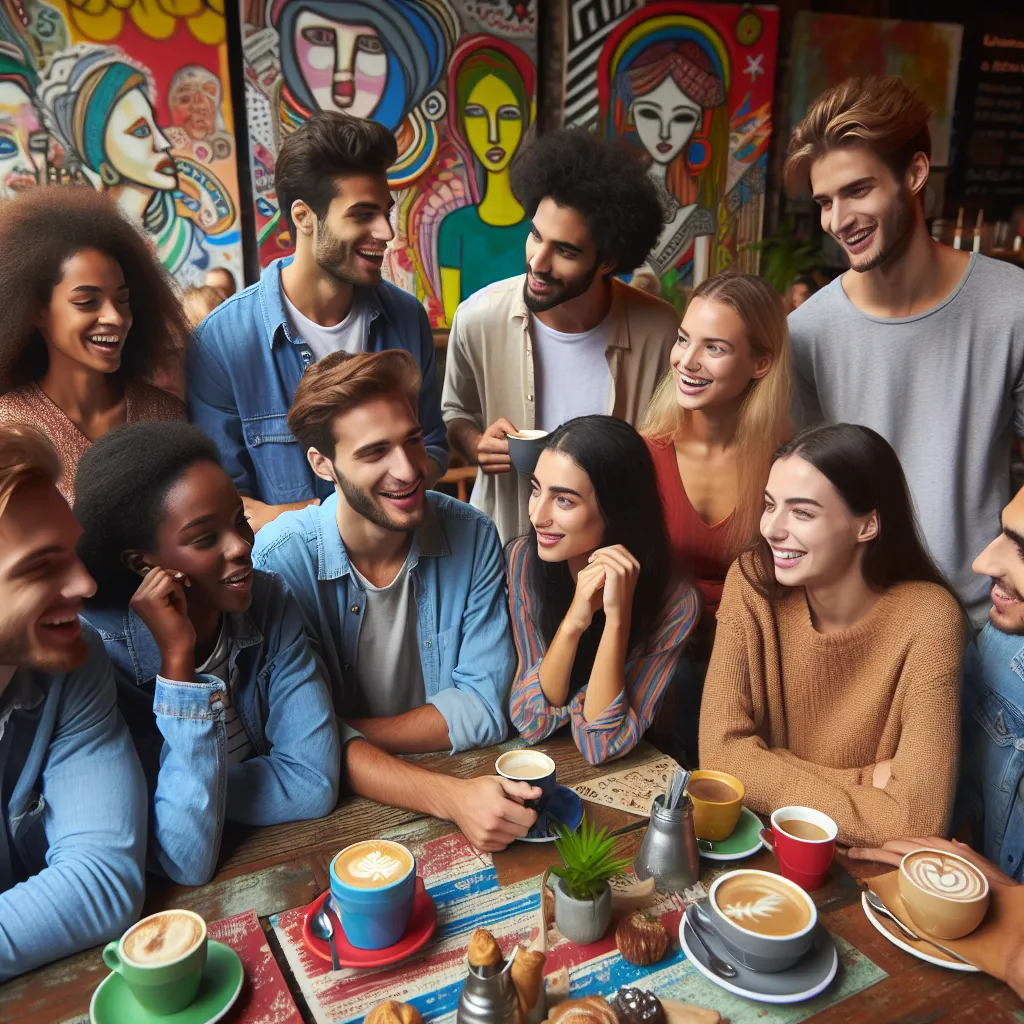 The image shows a group of diverse young adults gathered around a table, engaged in deep conversation and laughter. They are in a vibrant café with colorful artwork on the walls, enjoying cups of coffee and pastries.