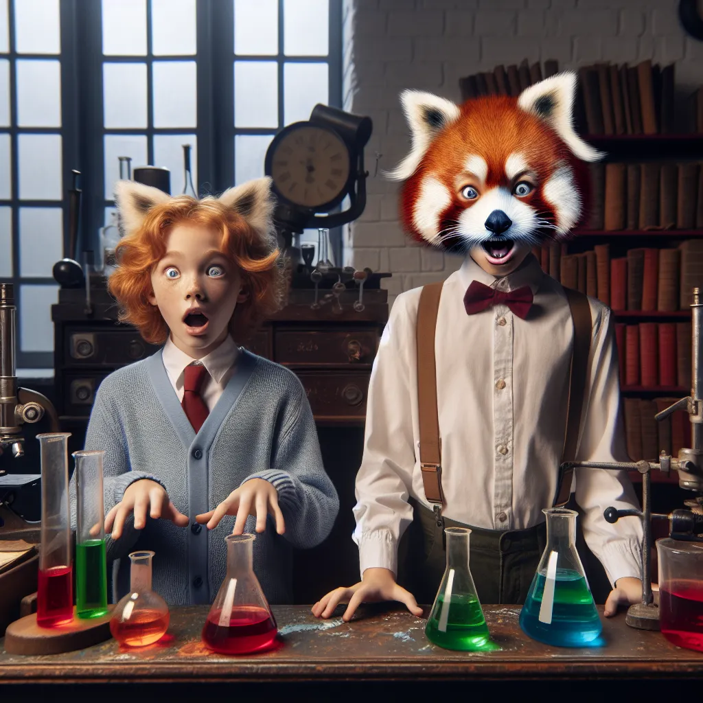 In the image, two young girls, Amelia and Sarah, stand in the dusty old lab of Langley Elementary School. Amelia, with shimmering blond hair and sparkling blue eyes, is in the process of transforming into a red panda girl, while her friend Sarah, with fiery red hair and a mischievous grin, is also undergoing a similar transformation. They both wear expressions of excitement and bewilderment as they embrace their new forms. Surrounding them are ancient equipment, mysterious potions, and dusty boo