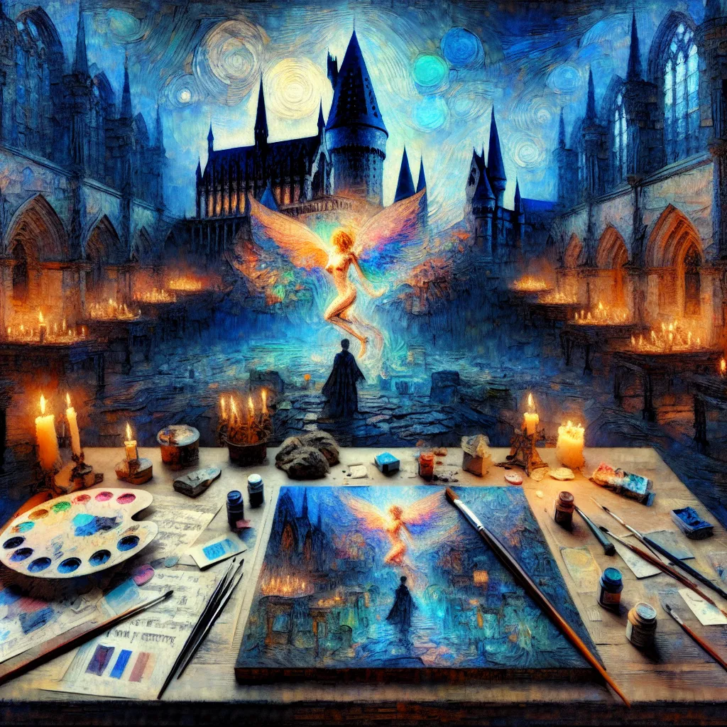 Hogwarts, Magic, Darkness, Pain, Transformation in the style of Monet