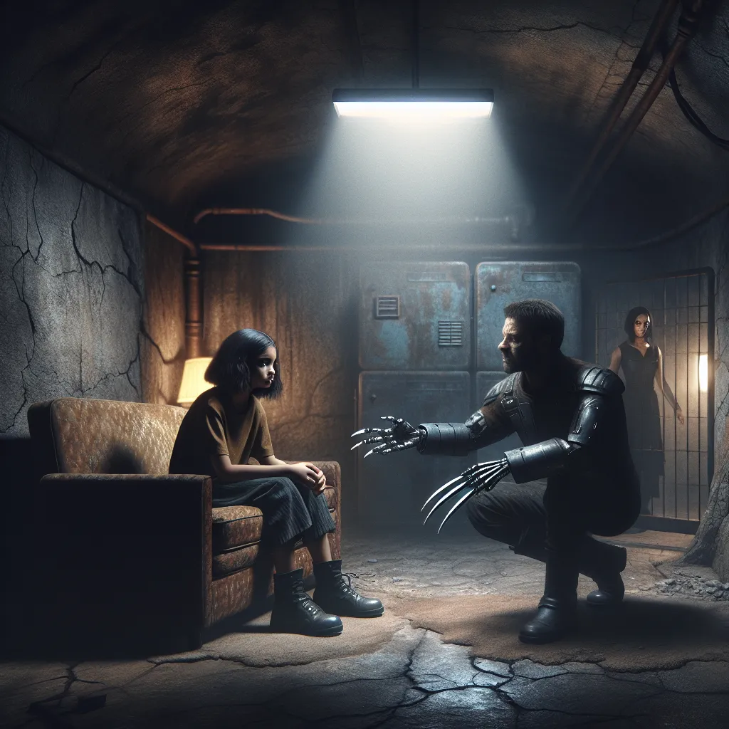 A dimly lit underground hideout with cracked concrete walls and a flickering overhead bulb casting shadows. A tense young mutant girl with dark hair sits hunched on a worn, stained couch, her steel claws retracted into her palms. Nearby, a confident blonde woman stands with a reassuring hand on the mutant’s shoulder, mid-admonishment. Outside a metal door, two shadowy figures—a rugged man and the blonde—engage in a silent, intense conversation. The atmosphere is heavy with fear, hope, and quiet 