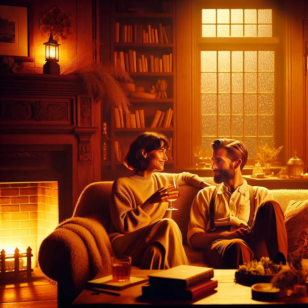 A cozy scene in an amber-lit living room: Emma and Nick lounging on a couch, sharing wine and playful glances as rain falls outside.