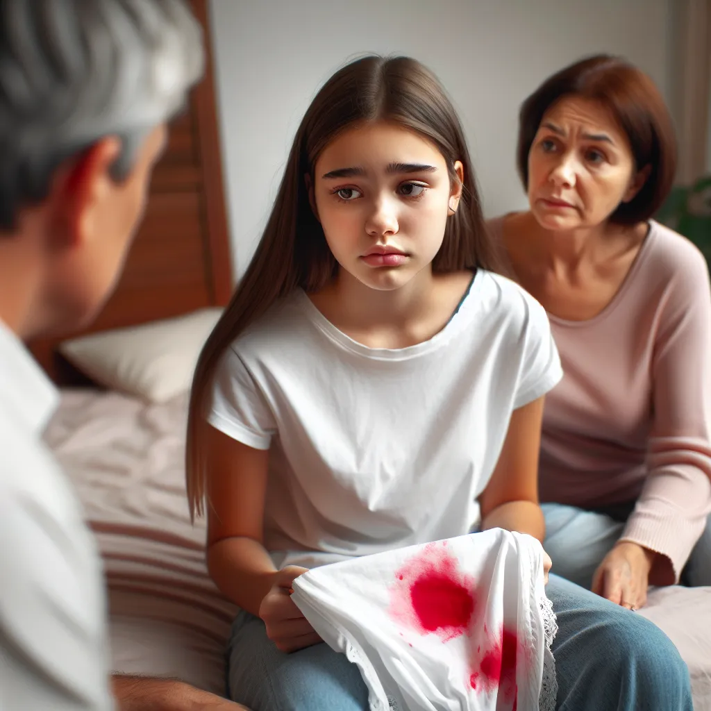 A young girl sits on her bed, holding a pair of white knickers stained with spots of bright red. She looks scared and confused while her parents rush into the room, concerned expressions on their faces. Her mother comforts her, explaining that this is her first period and that it is a normal part of growing up. The girl's fear gradually subsides as her mother reassures her and provides information about menstruation. The image captures a moment of vulnerability and support, as the girl begins to