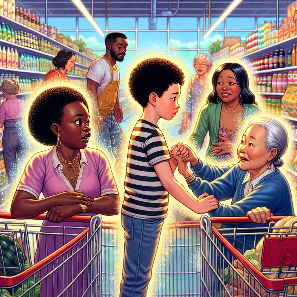 A visual representation of a young boy, Owen Samuel Winters, at a grocery store with his family—mom Harper Winters and grandma Cynthia Miller. Owen is nervous amidst the bustling aisles, clinging to Harper’s hand, while Harper and Cynthia attempt to comfort him. Nearby, a Korean woman, Sun-Hee Park, and her daughter, Naomi Park, engage in a heated discussion over groceries. As Owen makes a heartfelt wish to go home, a magical transformation ensues, leading to Owen inhabiting Sun-Hee's body and v
