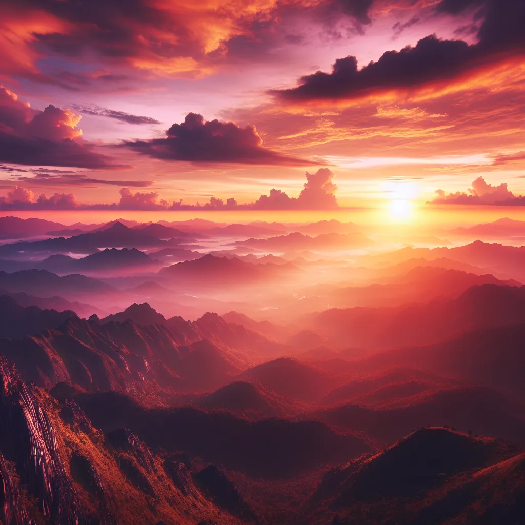 A stunning sunrise over a serene mountain landscape, with vibrant hues of orange and pink painting the sky and casting a warm glow over the rugged terrain.