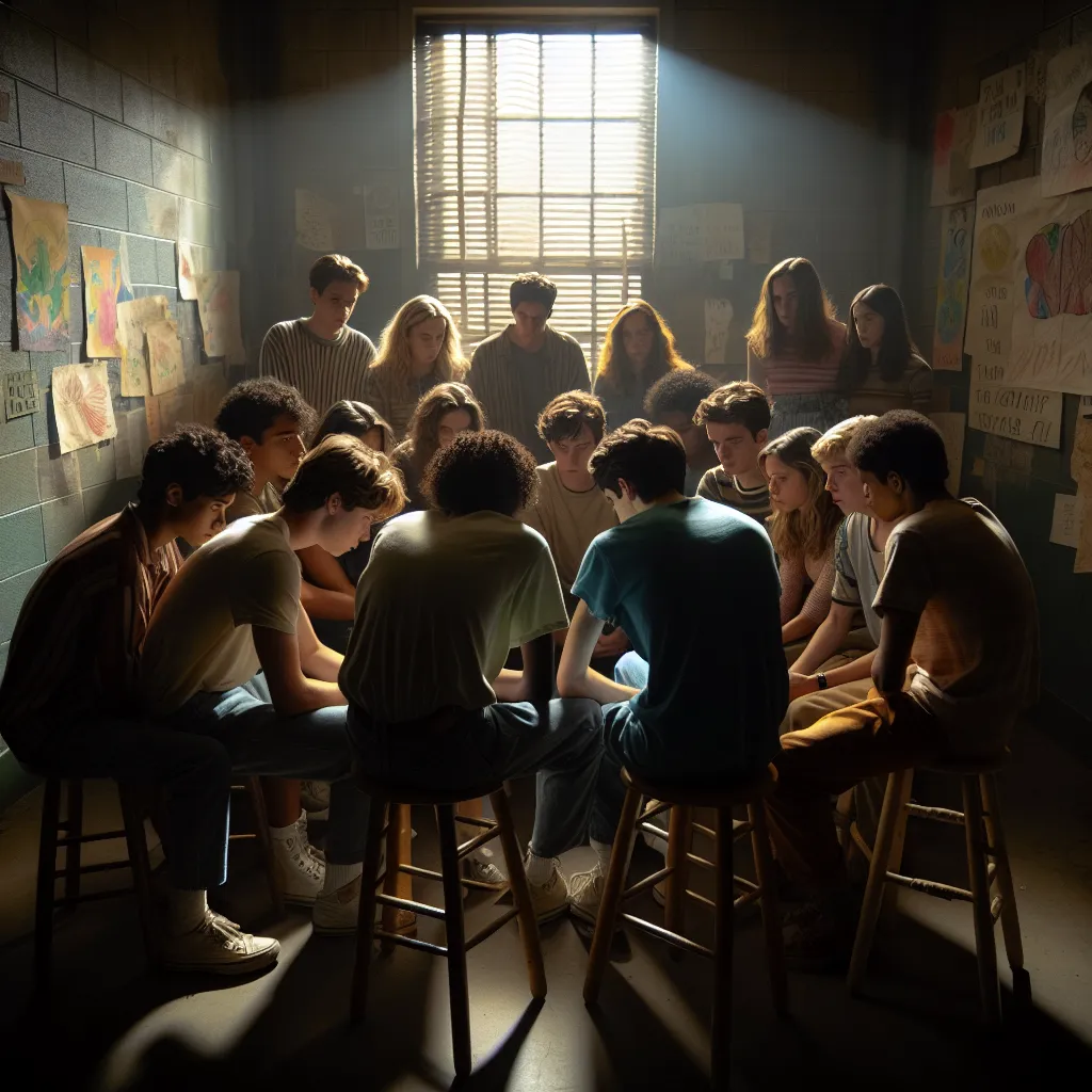 Description: A group of teenagers gathered in a dimly lit room, illuminated by faint light filtering through a cracked window. They huddle close together, forming a tight circle as they discuss their plan to rescue two of their friends who have been placed in isolation at the Anderson Center. The room is adorned with posters and drawings, a sanctuary amidst the somber atmosphere of the facility.