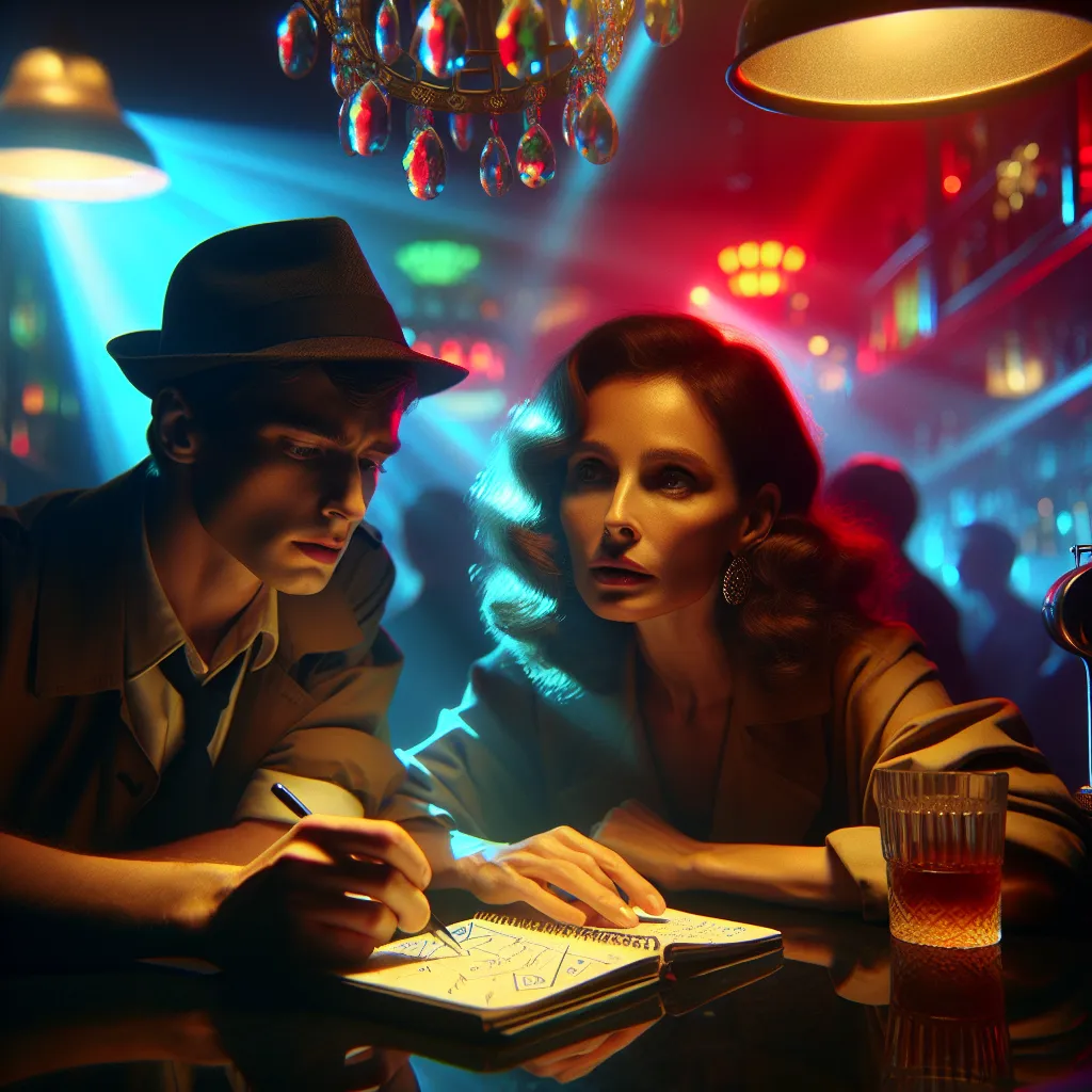 A woman sitting behind a bar in a bustling nightclub. Her face is bathed in colorful lights, her eyes reflecting a mix of determination and hope. Beside her stands a young detective, his notebook filled with cryptic notes and secret diagrams. They lean in together, discussing a disappearance and the hidden connections surrounding it. The image captures the mysterious atmosphere of the nightclub, where shadows and glimmers of truth merge, and where a sister's vanishing act has sparked a relentles