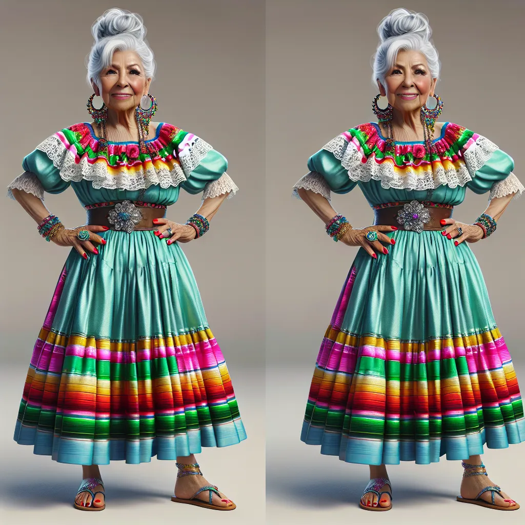 An image of a woman in her 60s, wearing a traditional colored Mexican dress, standing confidently with her hands on her hips. She has silver hair styled in a tight bun and is wearing large hoop earrings and a variety of jewelry. She is wearing flip flops with her toenails painted red. Her expression is warm, proud, and full of love.