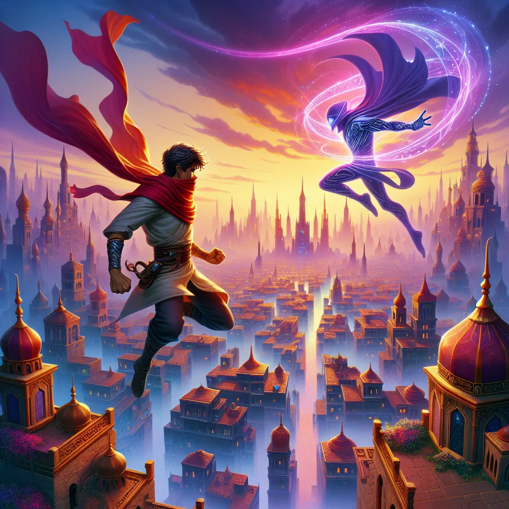 In a vivid cityscape of Lunascar, the legendary hero Edger combats the formidable Aetheria. With his super jump and mystical scarf, Edger performs gravity-defying leaps, dodging danger and saving innocent lives. Aetheria's villainous plan to shroud the city in eternal darkness is met with relentless resistance as Edger utilizes the enchanted scarf to overcome treacherous obstacles. With each bound and twist, Edger fights to reclaim the city from the clutches of darkness.