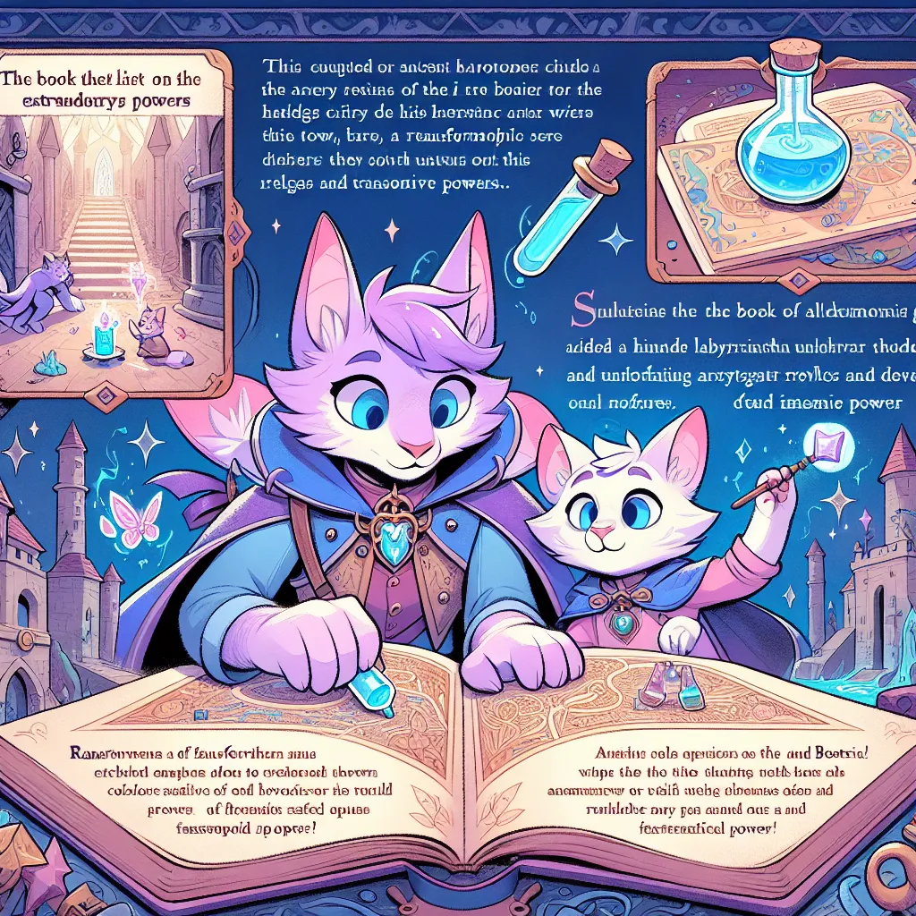 An anthropomorphic lavender kitten and a transformed blue cat, Clover and Julian, invite readers on a fantastical adventure in a world of ancient magic and alchemical wonders. With the help of Aunt Beatrix and a mysterious serum, Julian's human form is transformed into an extraordinary blend of feline and human attributes. As they explore their newfound abilities, the pair embarks on an enchanting journey, unlocking the extraordinary powers hidden within the Book of Mystoria. Together they disco
