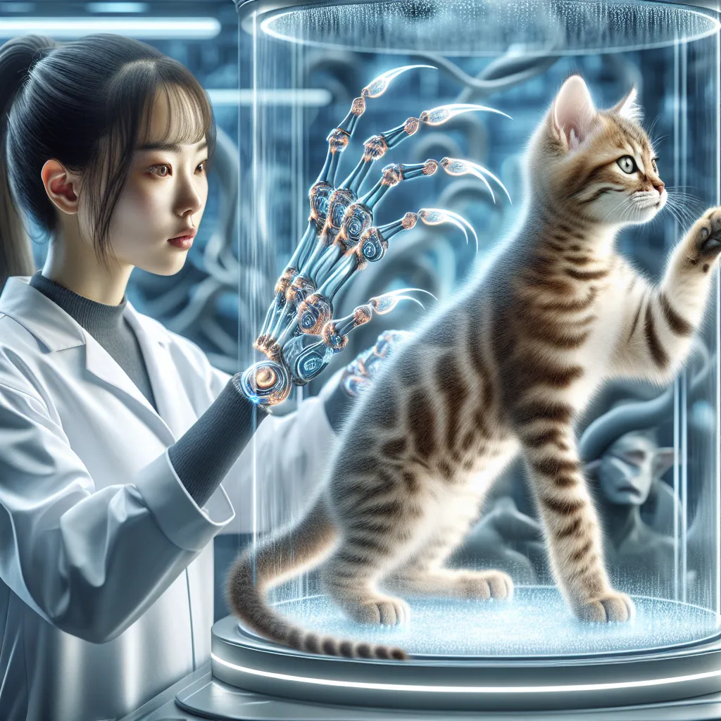 Image description: In a futuristic biogenetics lab, a young person named Hiroshi Tanaka stands amidst a shimmering fog of silvery nanobots. Their body is going through a remarkable transformation, with elongated fingers morphing into powerful paws, ears stretching into feline points, and hair turning into a light coat of tawny fur. Their eyes now have vertical slits, granting them a panoramic view of their surroundings, while a lithe, flexible tail swishes rhythmically behind them. Hiroshi's fac