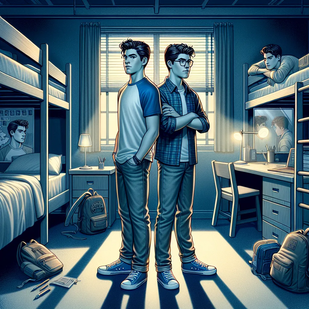 An image featuring two identical twins, one with a determined expression and the other looking contemplative, standing back to back while surrounded by shadowy reflections that subtly hint at a body swap. The setting is an academy dorm room with bunk beds and a mirror nearby, capturing the essence of secrecy and duality in their unique bond.