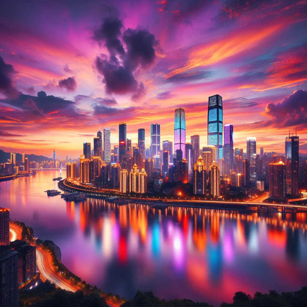 A vibrant cityscape at dusk, with towering skyscrapers illuminated by colorful lights, reflecting on a calm river below. The sky displays a magnificent blend of orange, purple, and pink hues, creating a stunning backdrop for the modern metropolis.