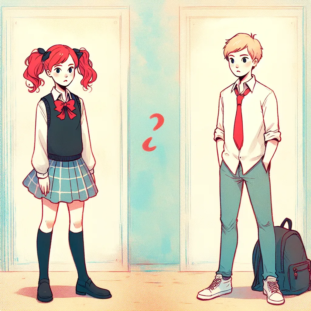 An image representing the story "Altered Fates: The Astonishing Biography of Ichigo Momomiya and Ryou Shirogane" could include two young characters, Ichigo and Ryou, portrayed in the midst of a body swap. The image could depict Ichigo, with her trademark red pigtails and school uniform, finding herself trapped in Ryou's body, while Ryou, in turn, assumes Ichigo's appearance. The image should convey the confusion and challenges faced by both characters as they navigate each other's lives and iden