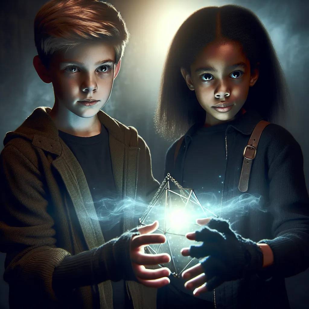 An image of a young boy and a girl, standing together with determination in their eyes, holding a mysterious artifact that emits a radiant light. The boy's body is replaced by the woman's body, and they are surrounded by a dark and eerie atmosphere.