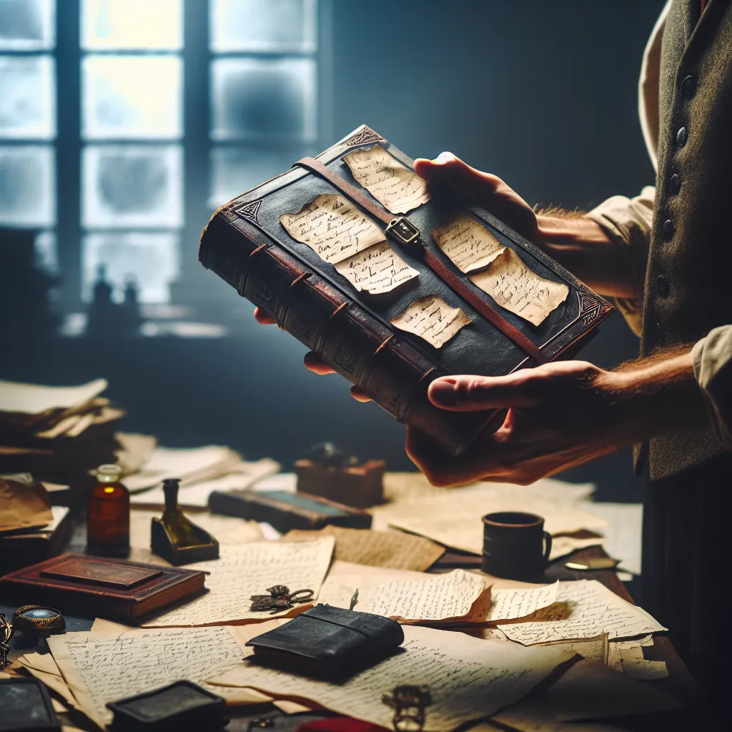 A person holds an old, leather-bound journal filled with cryptic handwritten notes. Papers, books, and trinkets clutter a nearby desk. In the background, a dimly lit room and a windowpane with fogged-up glass hint at the anticipation of something monumental about to happen.