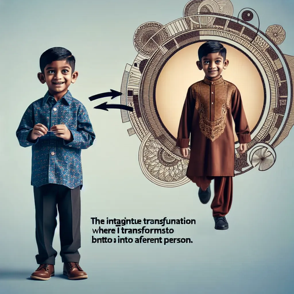 A boy named Matthew accidentally transforms into his friend's sister, Emily, after trying on her clothes and accessories, leading to a vivid and detailed description of his morphing appearance as he becomes her completely. The story ends with a detailed image of Emily's finalized look as she steps out for a night with her husband, symbolizing the intricate transformation that has taken place.