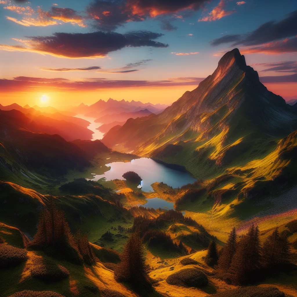 Description: A majestic mountain peak stands tall against a vibrant sunset sky, casting a warm glow on the serene landscape below. Lush green valleys and glistening lakes are nestled amidst the rugged terrain, while wisps of clouds paint a picture of tranquility and awe-inspiring beauty.