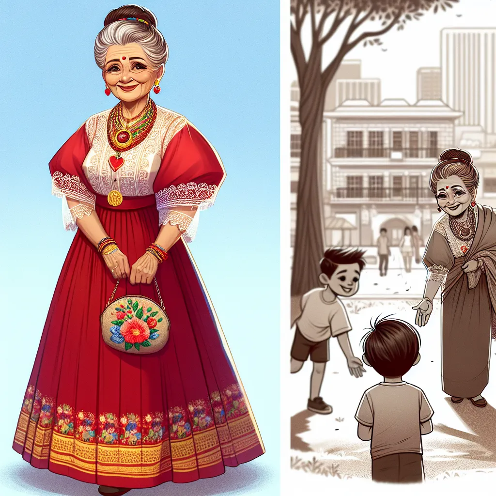 A digital illustration of Maria, a Filipino woman in her 70s, wearing a traditional red skirt and blouse, accompanied by intricate jewelry. She stands confidently on a city street, her hair in a braided bun, holding a small embroidered purse. The image captures her compassionate nature as she guides a lost young boy back to his worried parents. The background features a park with a swing set, symbolizing nostalgia and the simplicity of childhood. The illustration radiates a sense of peace and co