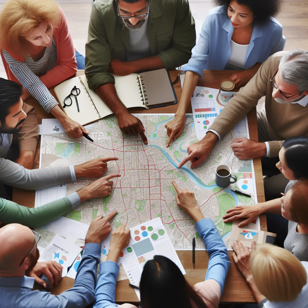 Image Description: A group of diverse individuals of different ages, ethnicities, and genders gathered around a table, engaged in animated conversation, with a map and planning materials in front of them.