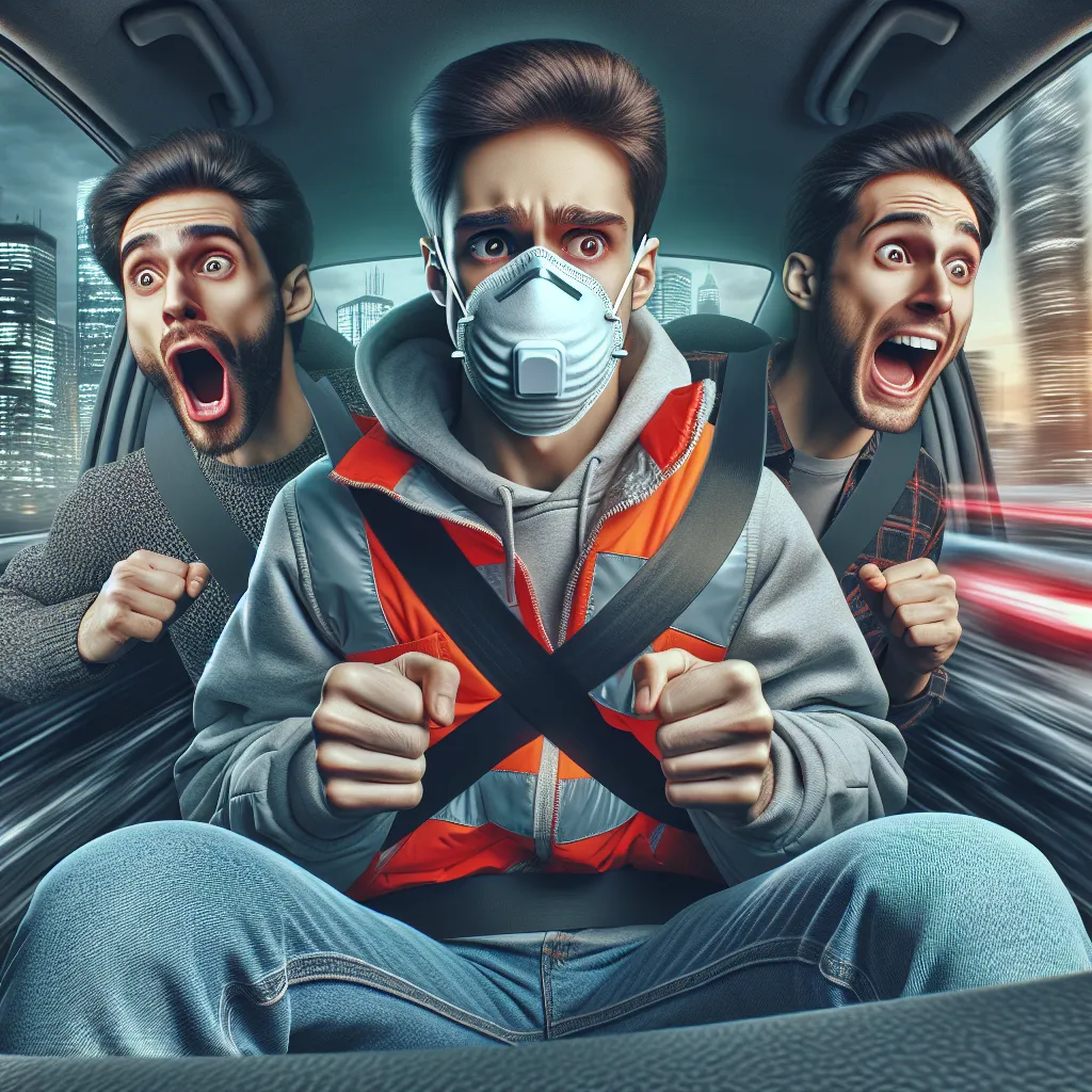 An image of Riley, Val, and Dani in a car speeding through a cityscape. Riley is wearing a straitjacket and a Hannibal Lecter mask, expressing a mix of both fear and excitement. Val and Dani are depicted as supportive and mischievous friends, ready to take Riley on an exhilarating escape from her emotional turmoil.