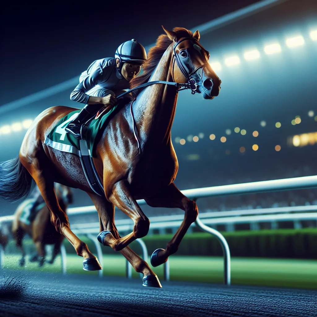 A chestnut filly with a determined expression races down a brightly lit racetrack, her sleek coat glistening in the moonlight. The jockey on her back, wielding a whip, urges her forward while the crowd's cheers fade into the background.