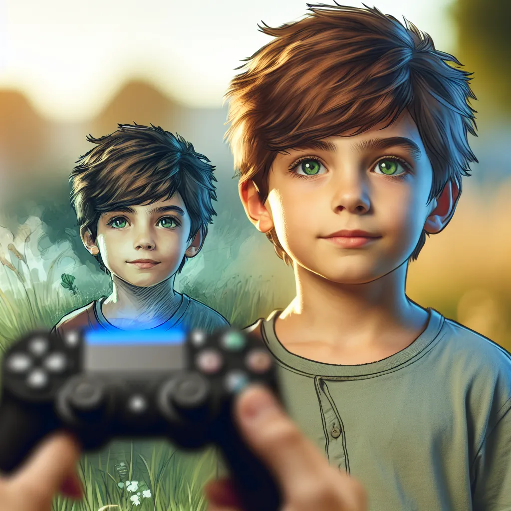 The image accompanying this story could be a representation of an eight-year-old boy named Henry, with short, messy brown hair and green eyes, standing outside on a sunny day. He could be depicted wearing casual clothes and holding a video game controller or a toy, reflecting his playful nature. The image should showcase a sense of innocence and curiosity, capturing the journey Henry embarks on in a new, unexpected reality.