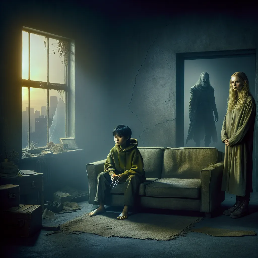 A dim, worn-down apartment interior at dusk shows a tense young mutant girl with claws softly extended on her hands, sitting curled on a sagging couch wearing a battered green hoodie. Beside her stands a tall, compassionate blonde woman with smooth hair cascading over her shoulders, casting a warm presence amid the gray, cracked walls. Through a cracked window, heavy boots tread outside in the faint light, hinting at a rugged figure’s arrival. Shadows and fading light create an atmosphere of qui