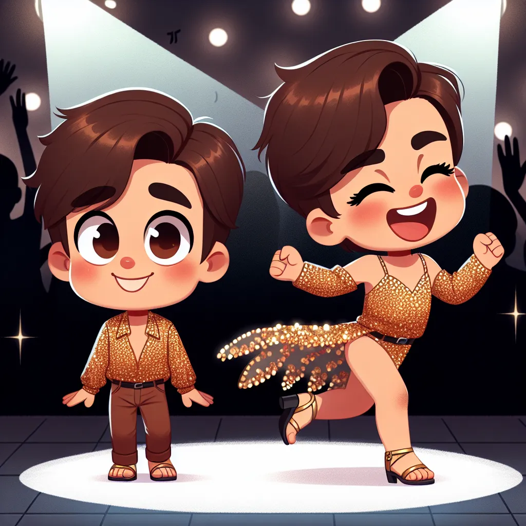 Lukas, a young boy who transformed into Tiffany, confidently dances in a club, dressed in a sequined gold dress, dark brown hair styled in loose waves, and wearing clubbing sandals.