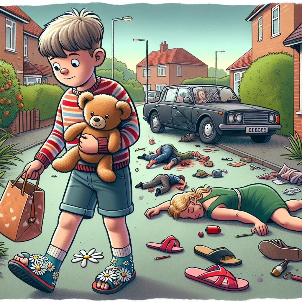 A young boy named Timmy walks home alone for the first time, clutching his favorite stuffed bear. As he ventures down the quiet streets, he stumbles upon a crashed car with two unconscious women inside. Curiosity takes hold as Timmy cautiously explores the scene, noticing details like their clothing and scattered belongings. Unsure of what to do, he tries to leave but finds himself transformed when he accidentally trips over a pair of women's flip-flops. His feet change and grow, and his nails t